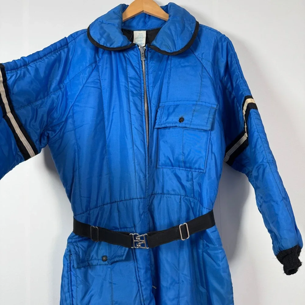 VTG JCPenney Snowmobile Ski Suit Men L Blue Coveralls Hood Belted Retro Gorpcore